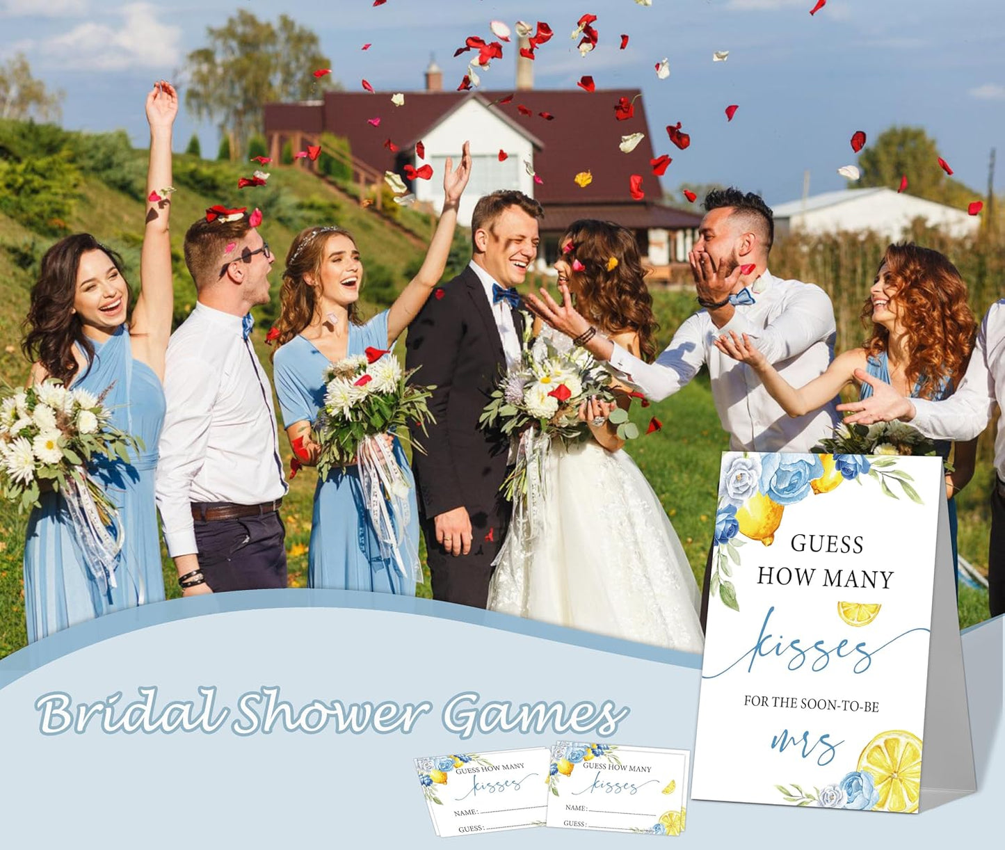Blue Floral Lemon Bridal Shower Decorations - How Many Kisses Bridal Shower Game, 1 Sign and 50 How Many Cards for Bachelorette Engagement Wedding Shower Decorations, 50 Guests
