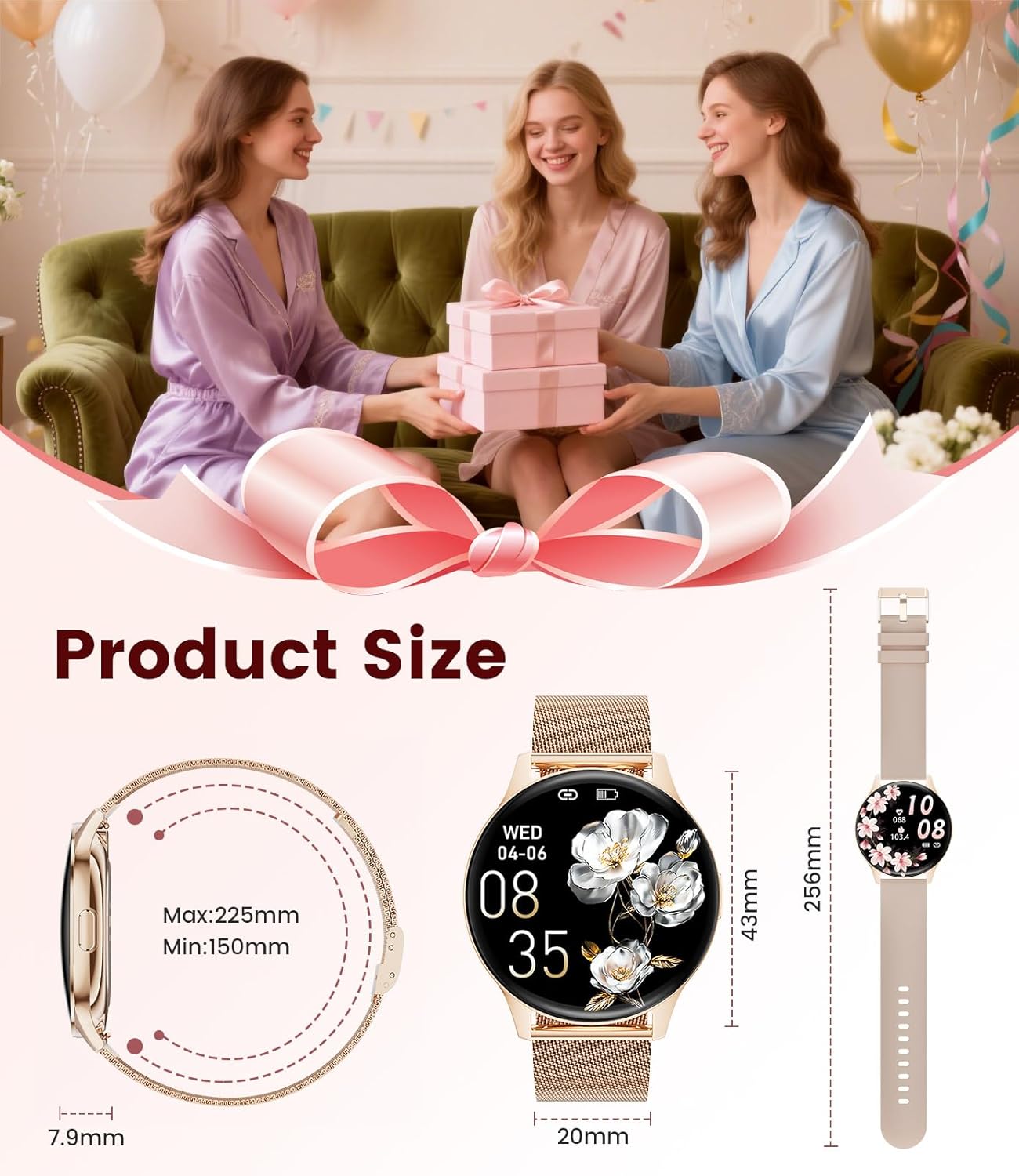 Smart Watch for Women, 1.43" AMOLED Screen Smartwatch with Answer/Make Call for iPhone/Android/Samsung, Fitness Tracker with 120+ Sport Modes, Sleep/Health Monitor, IP68 Waterproof, 2 Bands,Gold