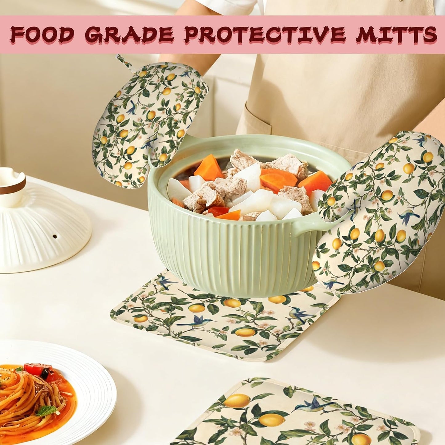 Hummingbird Vintage Lemon Heat-Resistant Silicone Oven Mitts and Pot Holders,Long Oven Gloves with Non-Slip Grip for Cooking, Baking, Grilling,BBQ