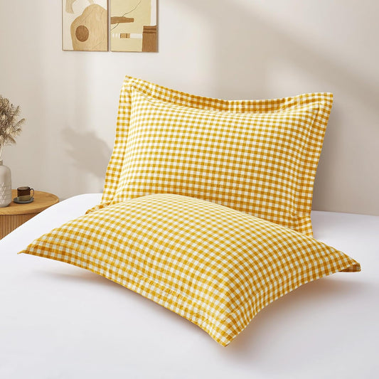 Mustard Yellow Plaid Gingham Pillowcases, 20x26 Inches, Set of 2 | Pure Cotton, Standard Size Pillow Shams, 2 Inch Edge, Linen Like Feel