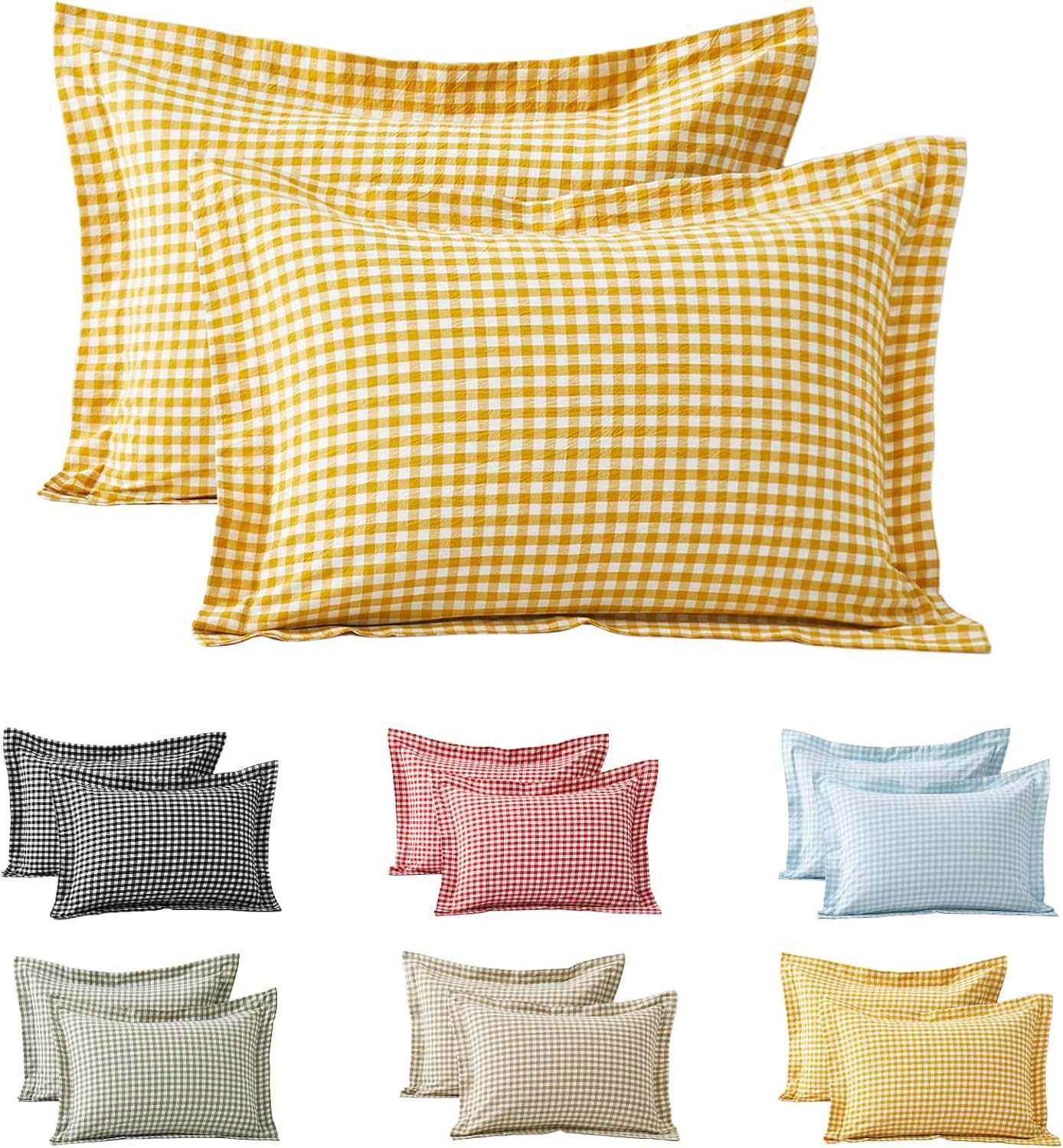 Mustard Yellow Plaid Gingham Pillowcases, 20x26 Inches, Set of 2 | Pure Cotton, Standard Size Pillow Shams, 2 Inch Edge, Linen Like Feel