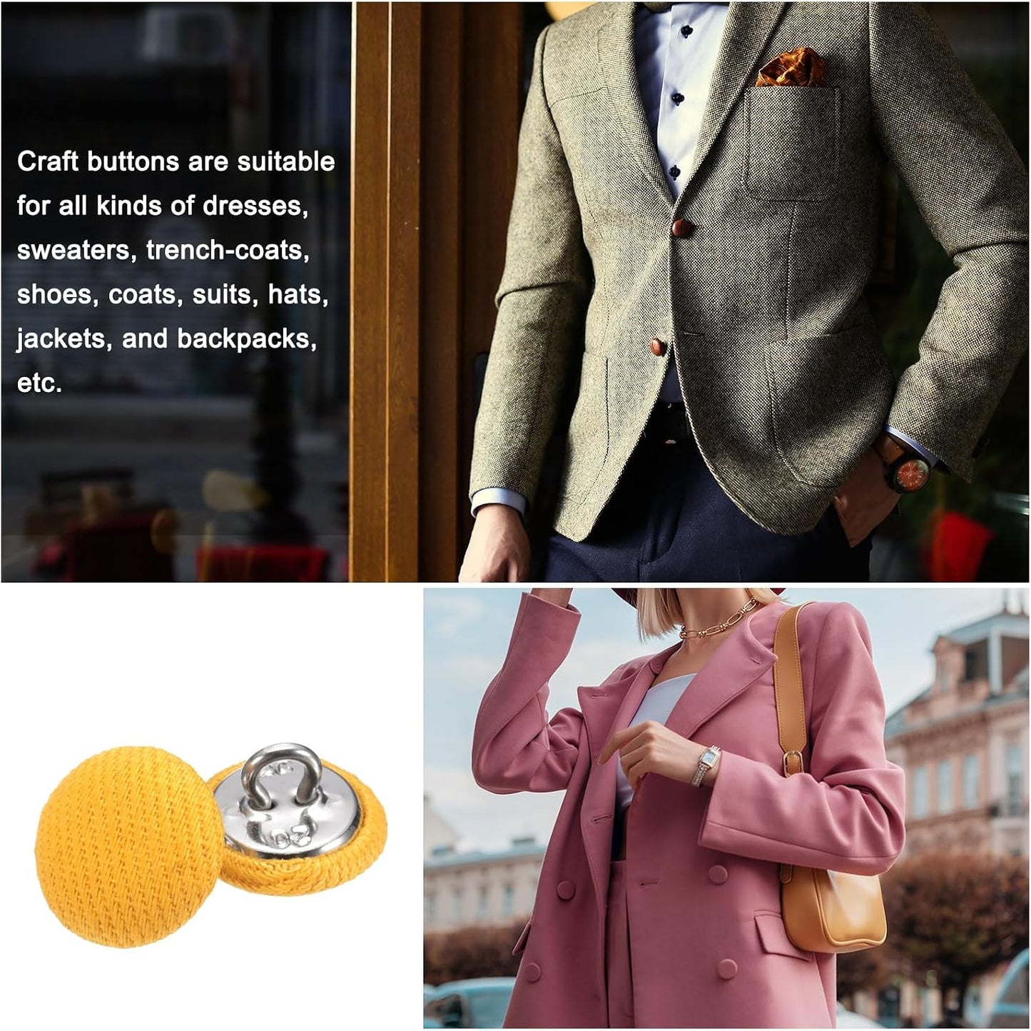12.5mm Fabric Cloth Covered Button Metal Shank 10pcs, Yellow | 20L 1/2" Round Satin Sewing DIY Craft Buttons for Bridal Wedding Suits Dress Blouses Sweaters