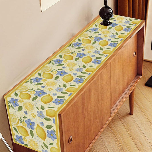 Lemon Floral Table Runner, Rustic Watercolor Lemon Blue Flower Fruit Spring Summer Seasonal Country Coffee Table Center Decor for Family Outdoor Holiday Party Table Decorations, 13"x36"