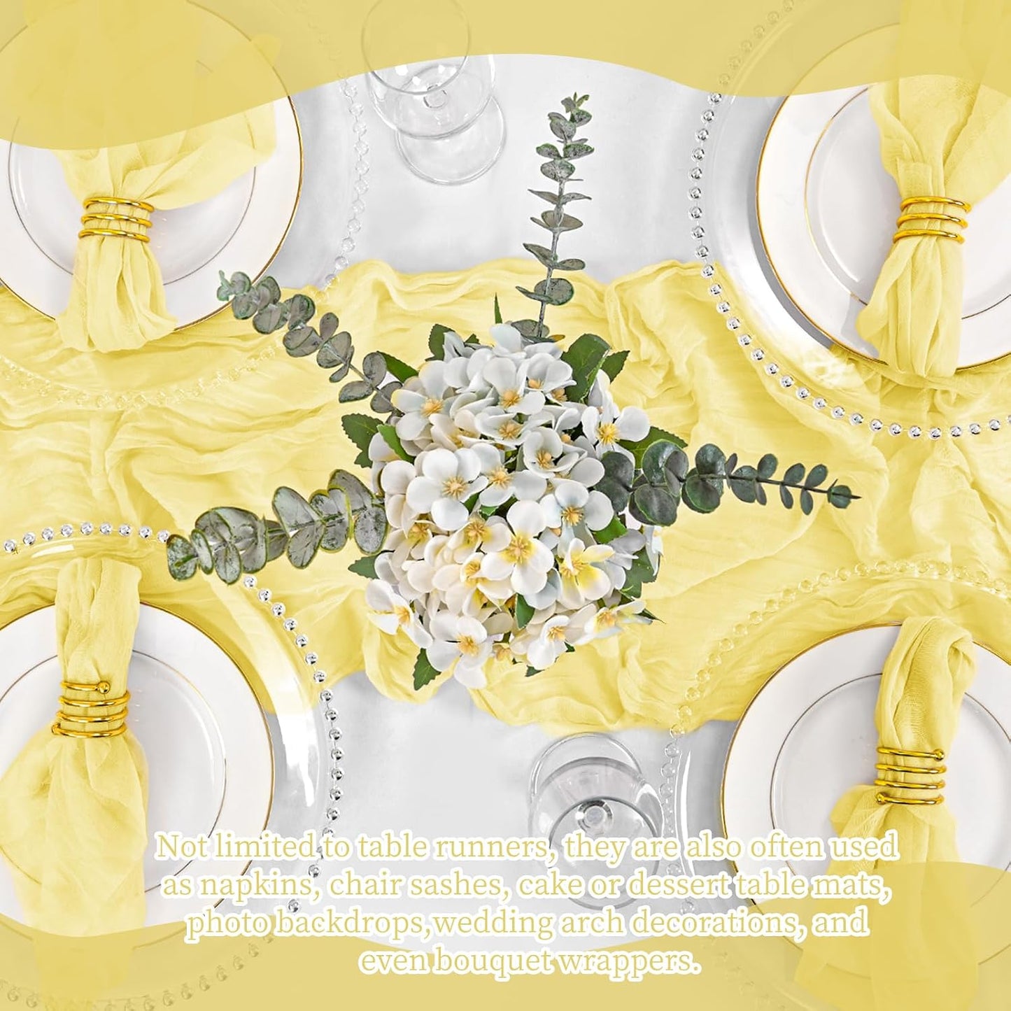 4 Pack Yellow Table Runner 17 x 108inch Cheesecloth Table Runner Boho Gauze Table Runners Romantic Rustic Sheer Fabric Cheese Cloth Table Runners for Wedding Party Bridal Shower