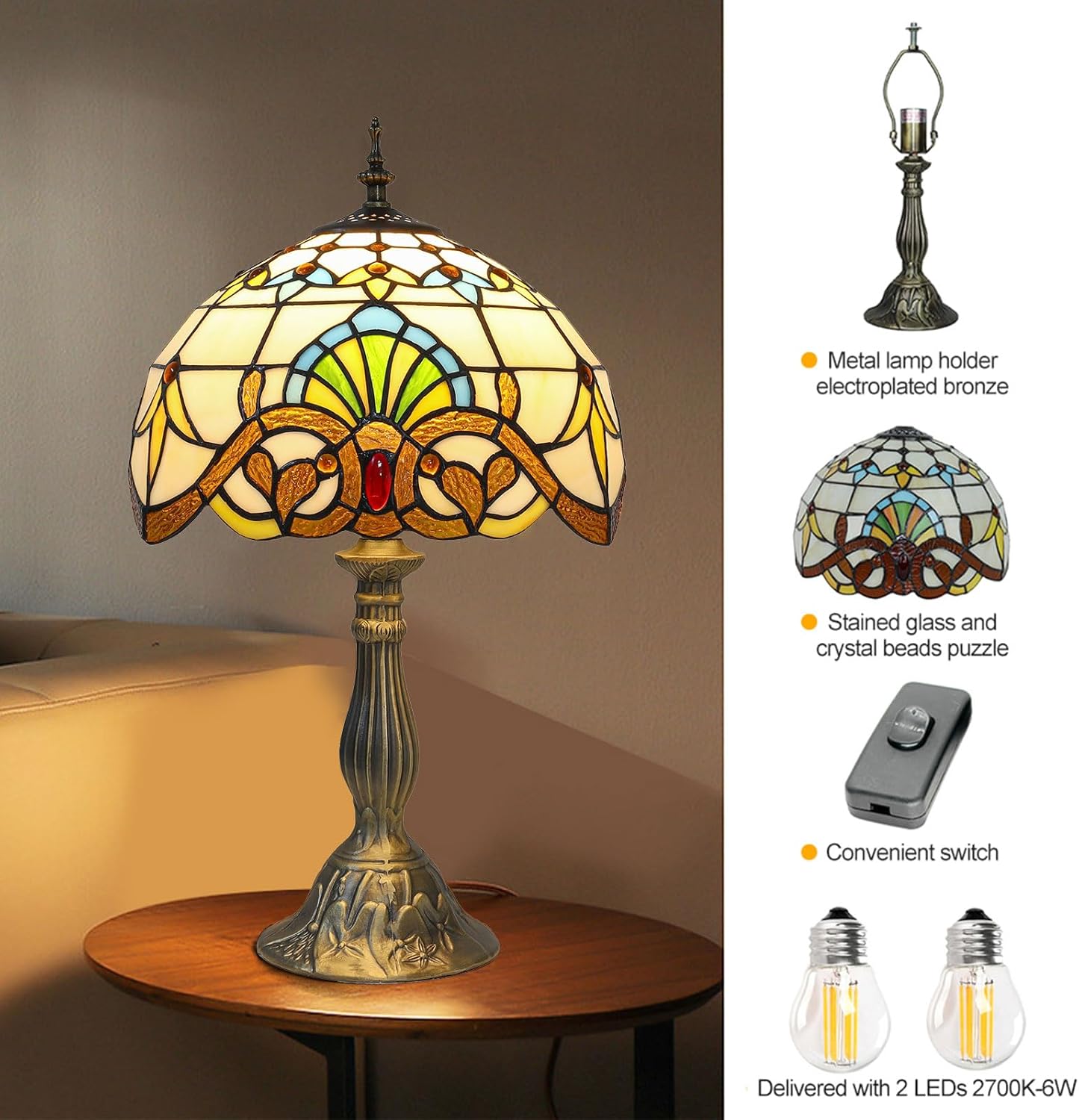 Tiffany Style Table Lamp, Yellow Baroque Stained Glass Lamp, 12 * 12 * 19 Inch Antique Desk Lamp, for Bedside Nightstand Bedroom Living Room Home Office, Include 2 LED Bulb
