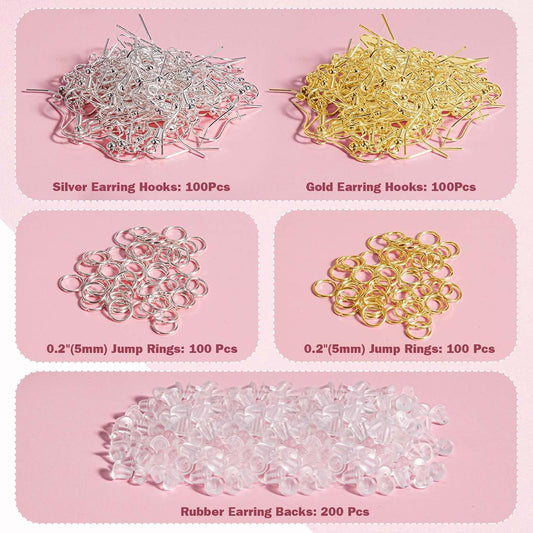 Hypoallergenic Earring Hooks for Jewelry Making, 600 Pcs Earring Making Kit | 600 Pcs Earring Making Supplies with Earring Hooks, Jump Rings and Backs, Earring Findings Wires Fish Hook (Silver & Gold)