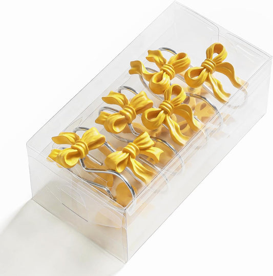 Litabel 12PCS Cute Bow Shower Curtain Hooks, Yellow Bowknot Decorative Shower Curtain Rings, Metal Rustproof Resin Curtain Hooks Shower Rings for Girls Baby Bathroom Art Decoration Accessories