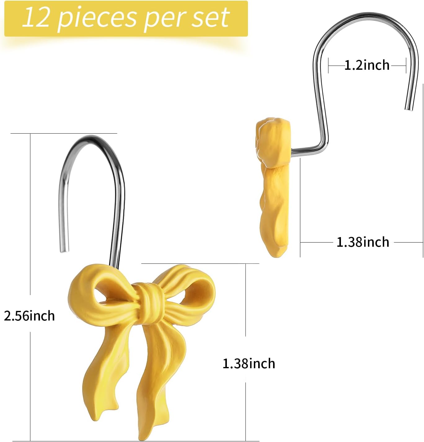Litabel 12PCS Cute Bow Shower Curtain Hooks, Yellow Bowknot Decorative Shower Curtain Rings, Metal Rustproof Resin Curtain Hooks Shower Rings for Girls Baby Bathroom Art Decoration Accessories