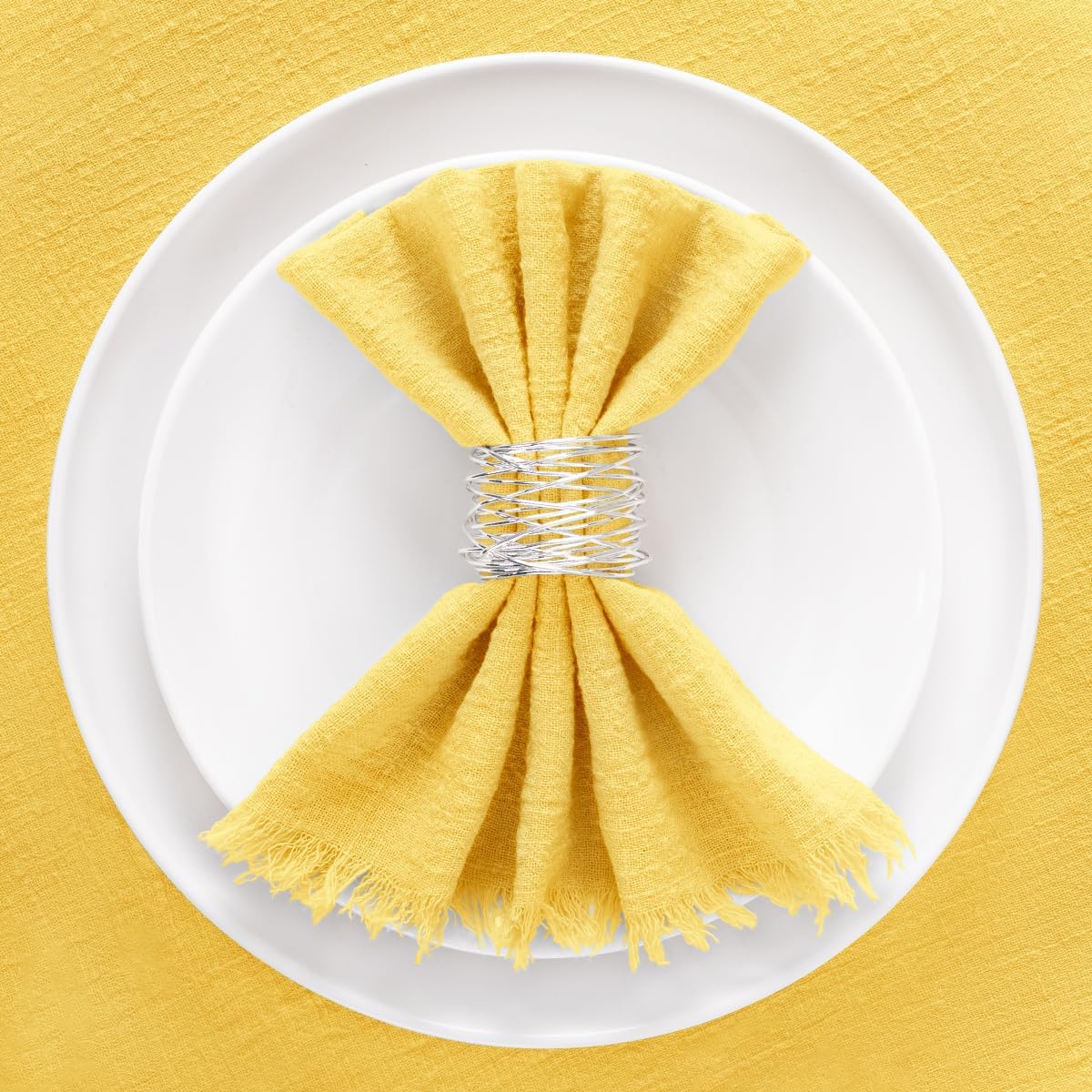 Set of 12 Linen Napkins Yellow Easter Spring Cloth Napkins Washable Cotton Dinner Napkins Fringe 17"x17" for Wedding Party Bridal Baby Shower Birthday Table Decorations