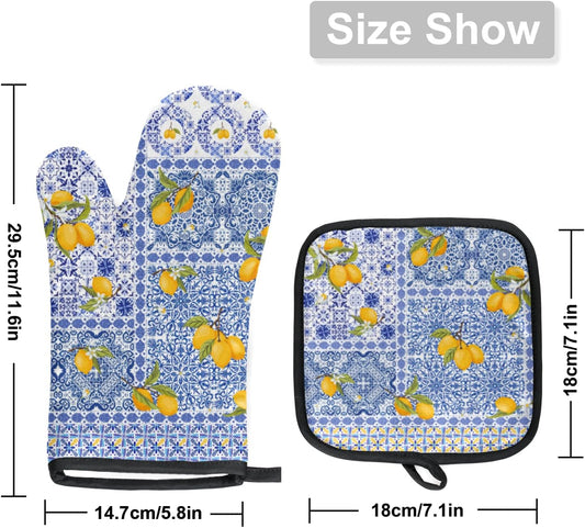 Oven Mitts and Pot Holders Sets, Heat Resistant Oven Gloves with Lemon Print, Mediterranean Style Kitchen Oven Mitts with Hanging Loop, Non-Slip, Machine Washable for Cooking, Baking, Grilling