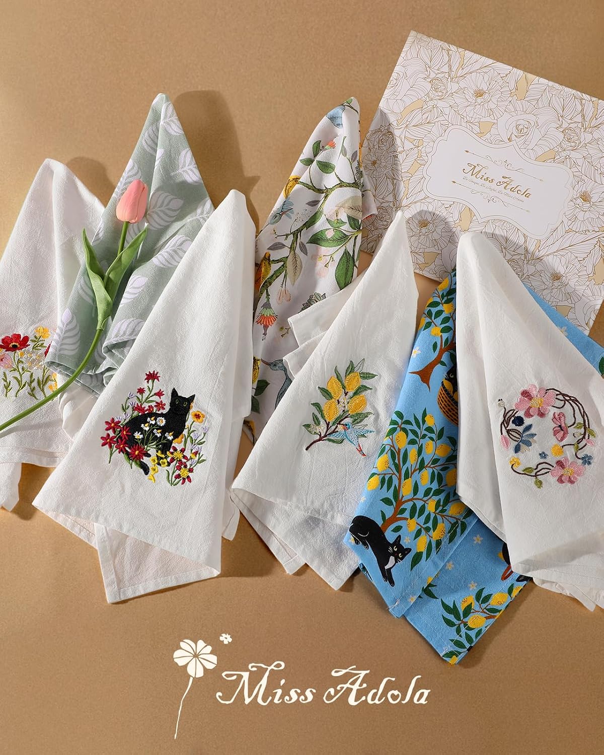 Embroidered Flour Sack Kitchen Towels - 100% Cotton 18"x26" Tea Hand Towel with Hanging Loop Set of 2 Decorative Dishcloth for Decor Housewarming Gift, Lemon