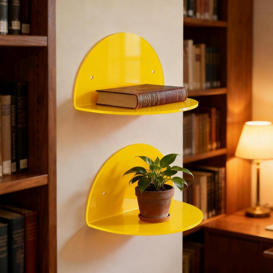 Small Acrylic Shelves Room Decor Floating Shelves (2-Pack, 8-inch Diameter) - Wall Mounted Display Stand for Plants, Toys, Makeup, and More - Ideal for Home and Office, Yellow