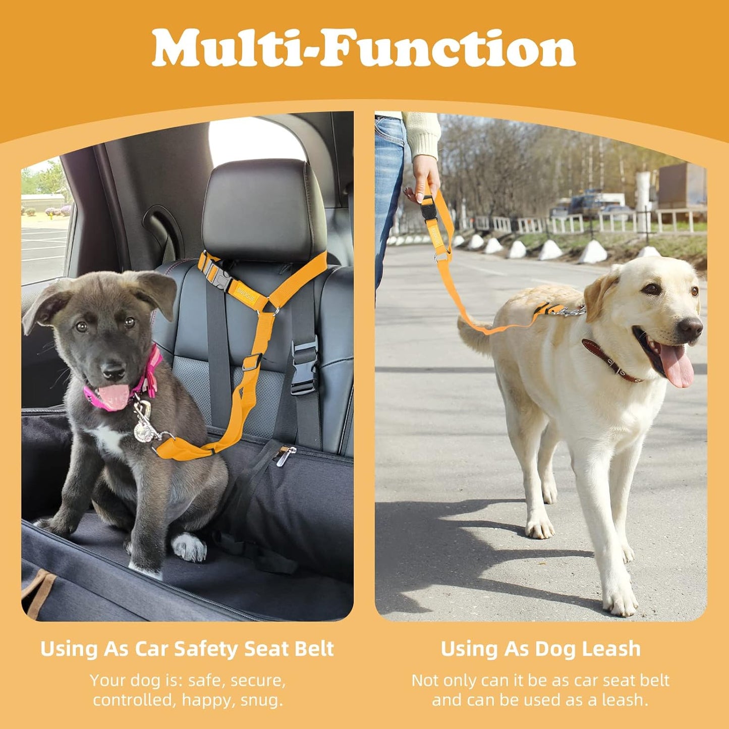 BWOGUE 2 Pack Dog Seat Belt for Car, Nylon Headrest Restraint, Yellow | Headrest Loop, 18-30 in Adjustable, 2-in-1 Seat Belt and Leash, Nylon Strap, 2 Pack for Dogs and Cats, Use with Dog Harness