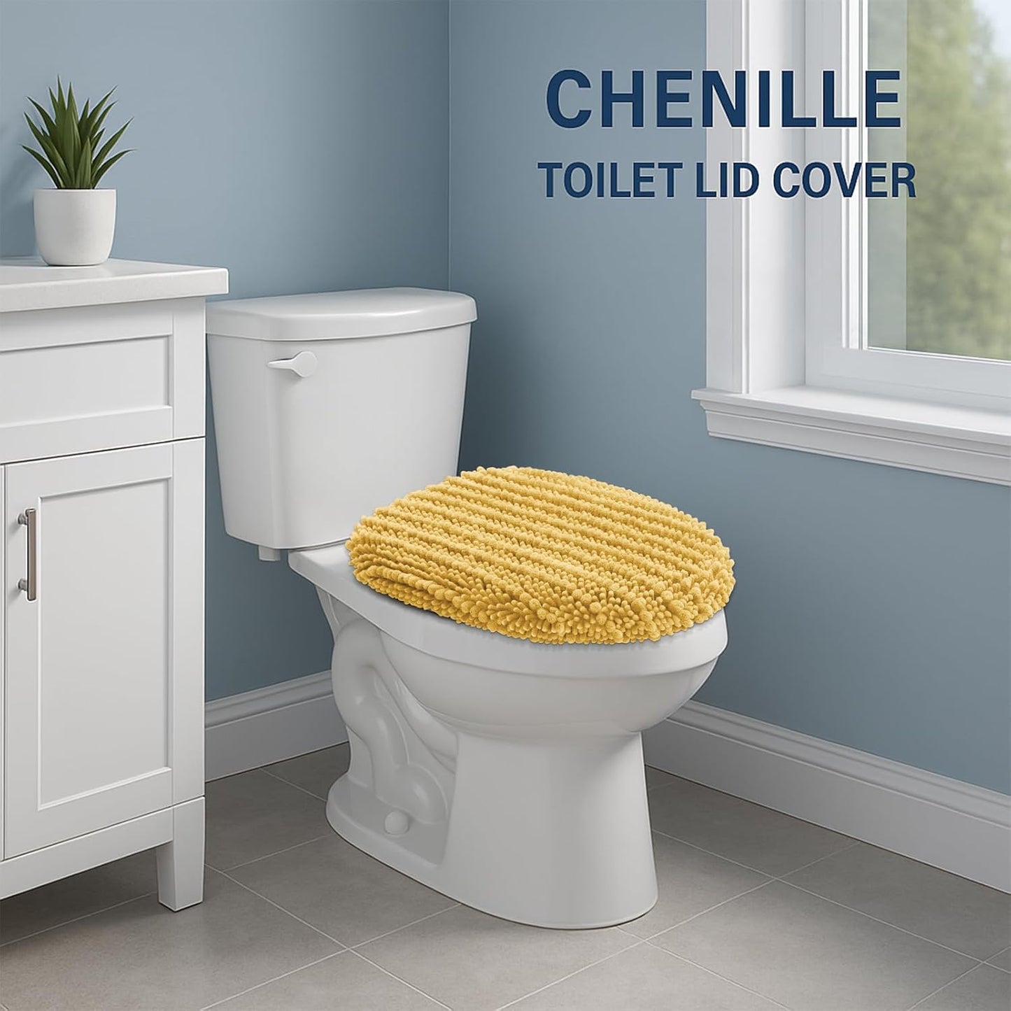 Soft Chenille Bathroom Toilet Lid Cover 17.5x15, Machine Washable Seat Covers, Stays in Place Non-Slip Backing, Fits Most Round, Elongated and Oblong Lids, Accessories Decor, Yellow