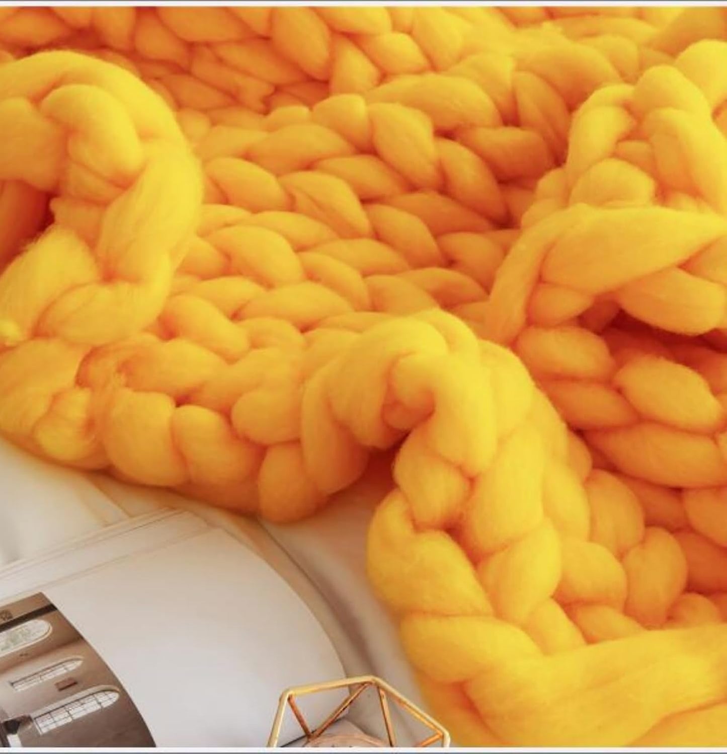 Chunky Knit Blanket Throw Cotton Throw Blanket 100% Handmade Warm & Cozy Blanket Couch Hand Knit Couch Throw Blanket Bed Home Decor Soft Breathable Fleece Throws,Yellow,60x60cm(24x24inch)