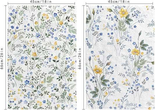 Blue Wildflower Spring Kitchen Towels, Plant Green Leaf and Yellow Floral Absorbent Dish Towels for Kitchen, Country Blue Floral Hand Towels Decorations Set of 2, 18x26 Inch