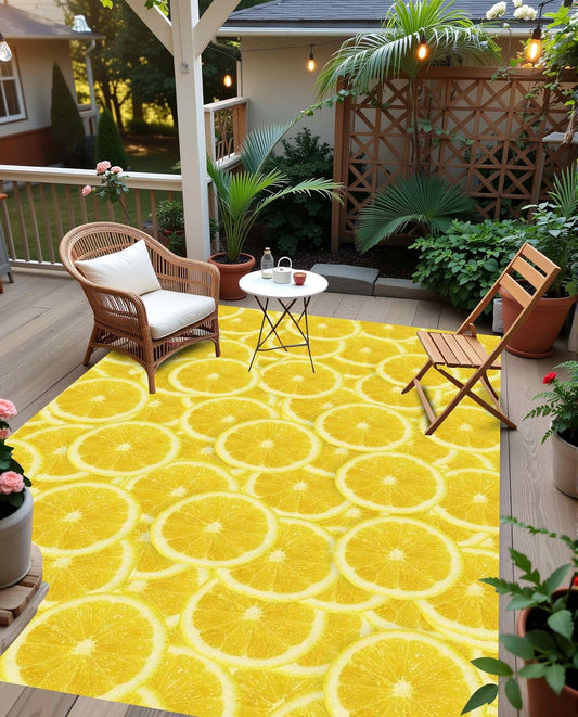 Bright Yellow Lemon Slice Print Outdoor Rugs Modern Vibrant Ctue Area Rug 5x8 for Porch Patio Deck Camping Waterproof Washable Non Slip Floor Mats Foyer Backyard Fresh Summer Cool Outside Carpet