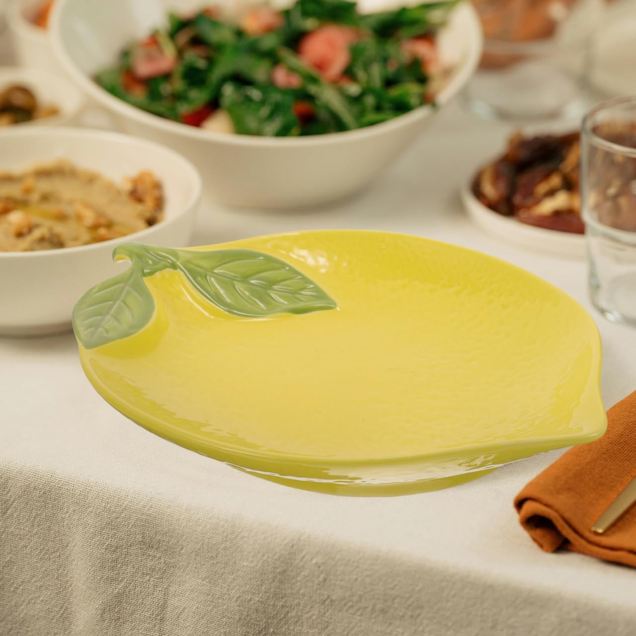 Lemon Shaped Ceramic Serving Dish, 9.84-Inch Yellow Fruit Bowl, Salad Plate, Dessert Tray Lemon Shape Salad Dishfor Kitchen Use