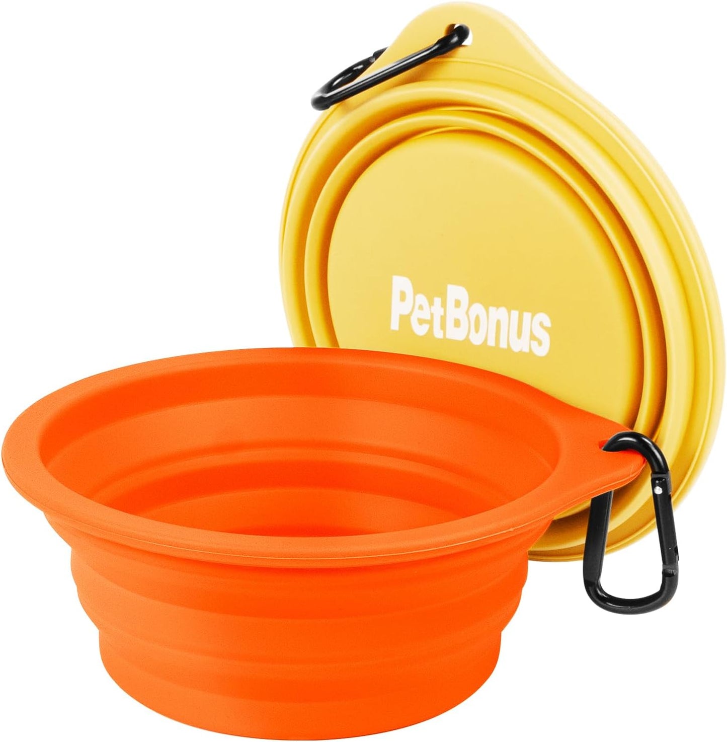 2-Pack Large Silicone Collapsible Dog Bowls, 34oz/1000ml BPA Free Portable Foldable Travel Bowl for Pet Cat, Food Water Feeding Dish for Camping with 2 Carabiners (Orange, Yellow) | 34 Oz, Silicone, Foldable Expandable Cat Feeding Cup Dish, 2 Carabiners,