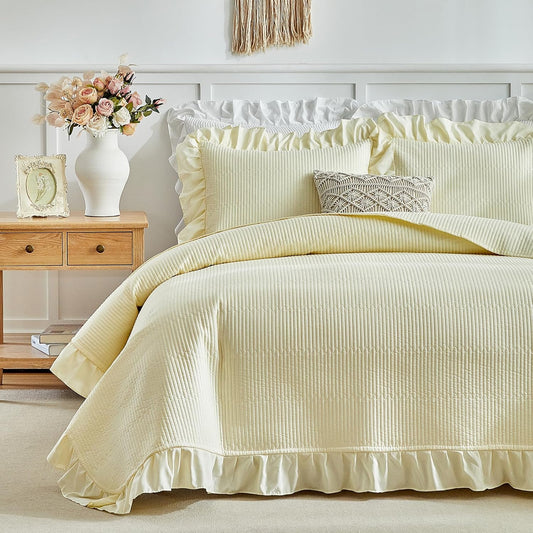 Yellow Ruffle Quilt Set Full/Queen Size, 3 Pieces Shabby Chic Farmhouse Striped Bedspread Coverlet Set, Solid Lightweight Soft Microfiber Bed Cover for All Season (1 Ruffled Quilt + 2 Pillow Shams)