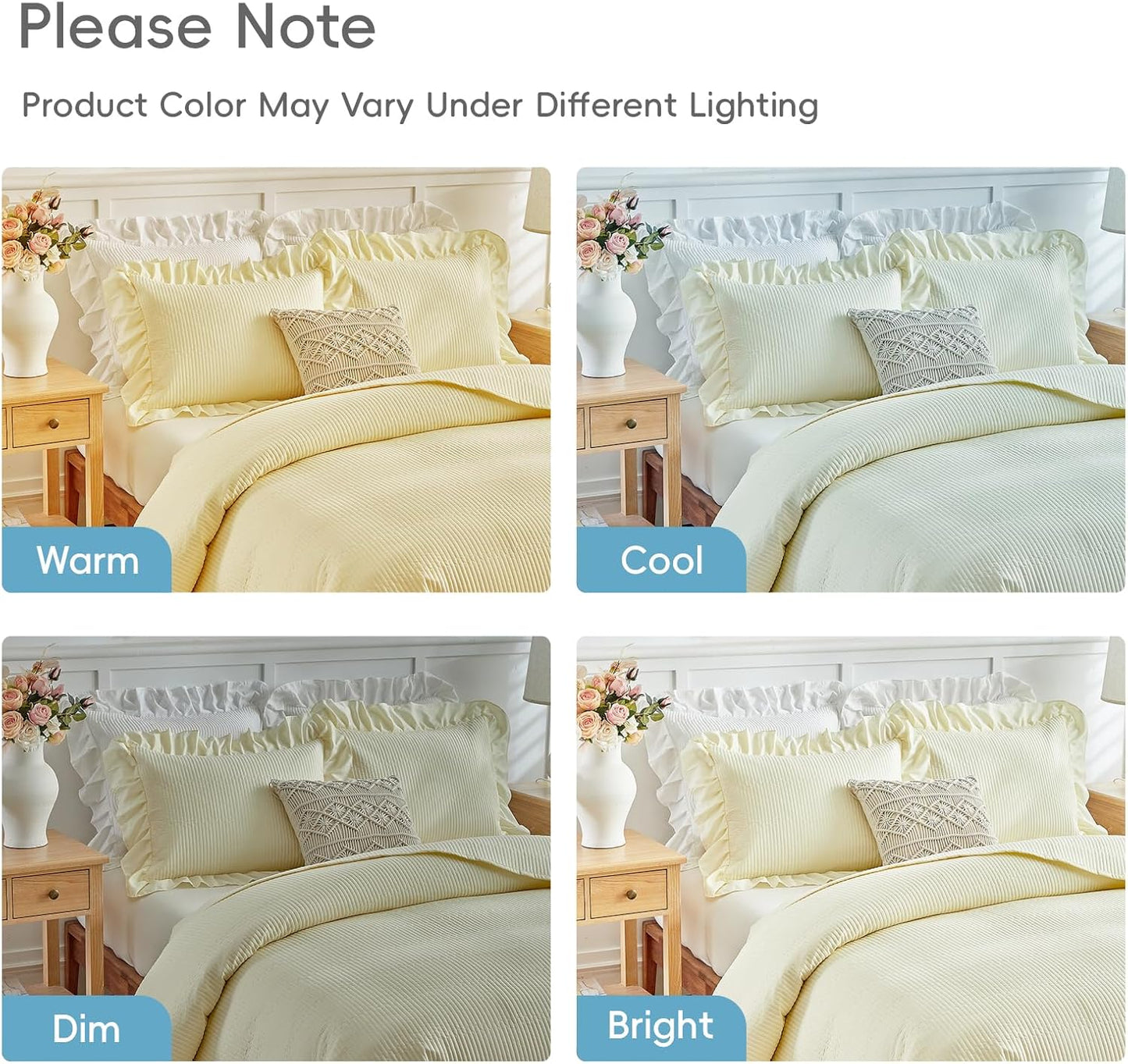 Yellow Ruffle Quilt Set Full/Queen Size, 3 Pieces Shabby Chic Farmhouse Striped Bedspread Coverlet Set, Solid Lightweight Soft Microfiber Bed Cover for All Season (1 Ruffled Quilt + 2 Pillow Shams)