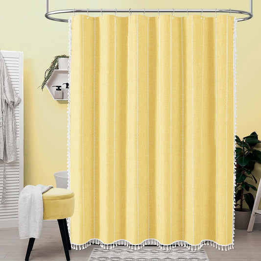 BTTN Boho Farmhouse - Linen Rustic Heavy Duty Striped Fabric Set, Bohemian Vintage Country Cloth Shower Curtains for Bathroom, Yellow, 72" W x 72" L (Pack of 1)