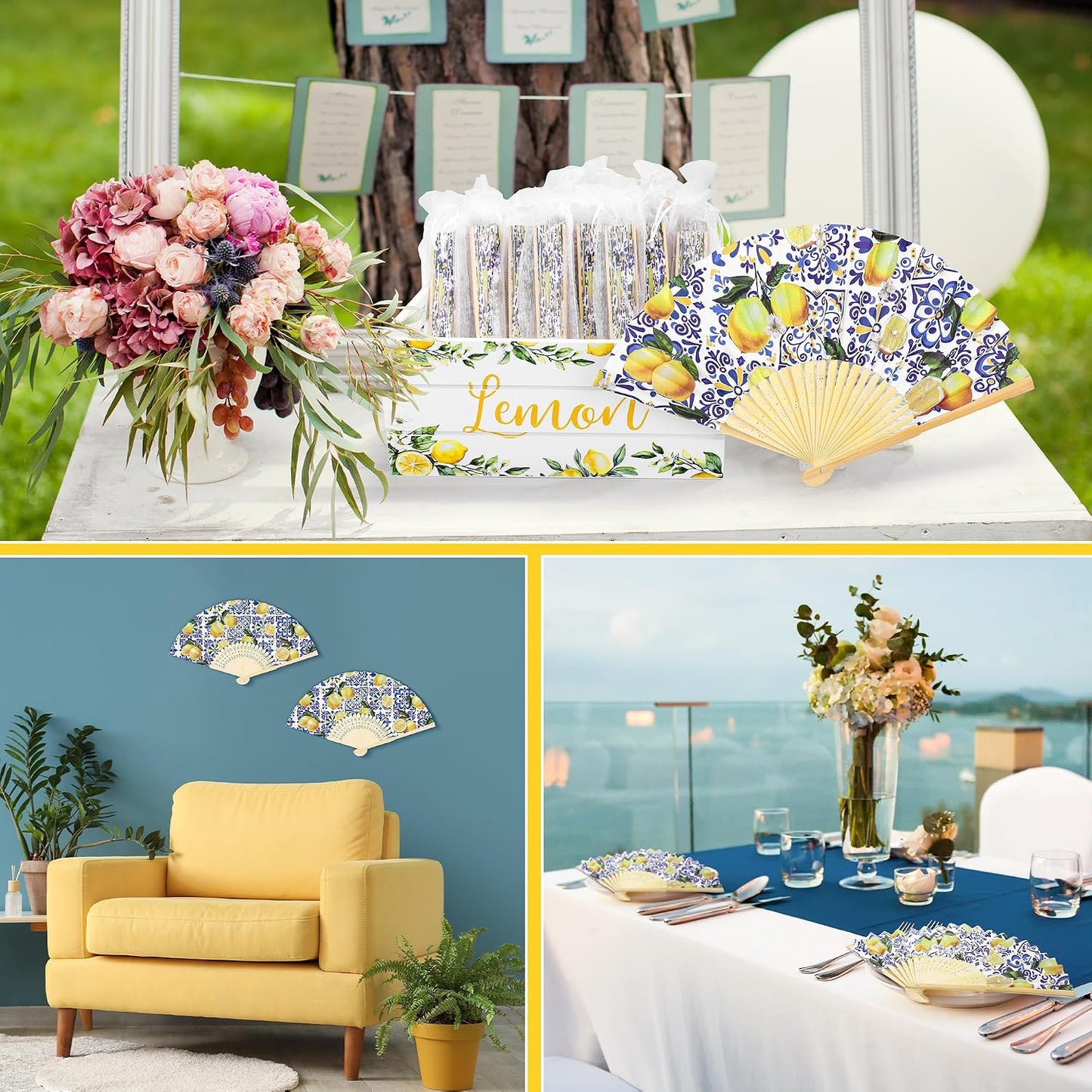 50 Pack Coastal Lemon Printed Folding Hand Fans with Organza Bags Bulk Wooden Storage Box Retro Mediterranean Paper Fans Capri Handheld Fan for Bridal Shower Wedding Bridesmaid Gifts