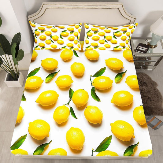 Sunny Lemon Print Bed Sheets Set Full Size Green Leaf Plant Bed Set for Boys Girls Summer Fruit Fresh Lemon Prints Deep Pocket Fitted Sheet 3D Print Breathable Lightweight Cute Yellow Fruit