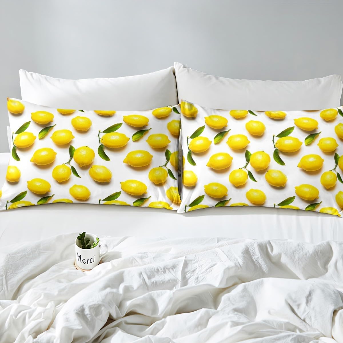Sunny Lemon Print Bed Sheets Set Full Size Green Leaf Plant Bed Set for Boys Girls Summer Fruit Fresh Lemon Prints Deep Pocket Fitted Sheet 3D Print Breathable Lightweight Cute Yellow Fruit