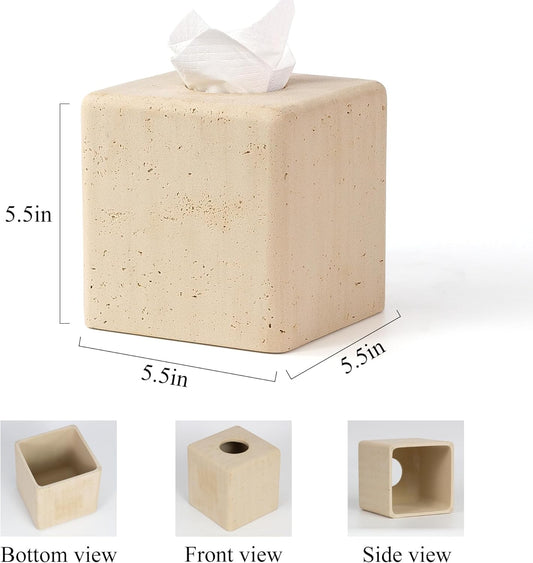 Resin Tissue Box Cover, Travertine Look, Square Holder, Yellow | Decorative square tissue holder for bathroom vanity, nightstand, living room, office, and countertop use