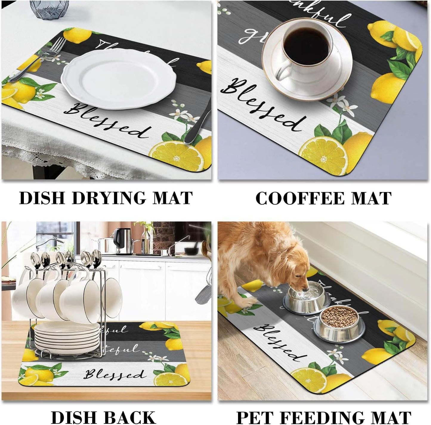 Retro Lemon Dish Drying Mat for Kitchen Counter,Thankful Grateful Blessed Absorbent Microfiber Dish Drainer Mats Dishes Pad,Farmhouse Reusable Washable Large Dish Draining Mat 18x16 Inch
