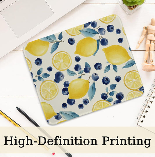 Mediterranean Lemon and Blueberry Mouse Pad, Cottagecore Blue and Yellow Summer Fruit Mouse Pads Mousepads Non-Slip for Computers Laptop Home Office Desk Accessories, 9.5x7.9 Inch