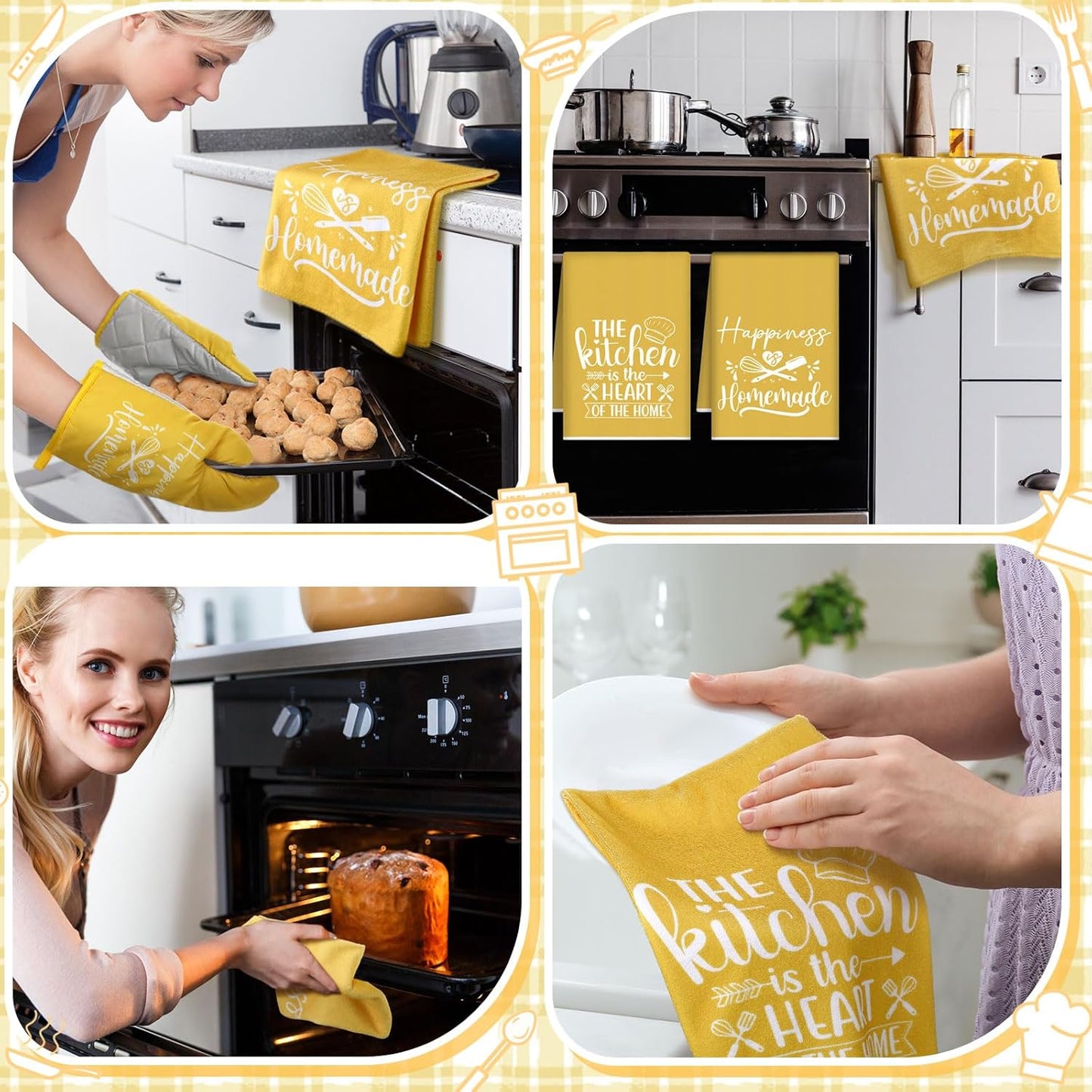 6 Pcs Kitchen Decor Accessories Set Farmhouse Towels Pot Holders Oven Mitts Set 2 Dish Towels 2 Potholders 2 Cooking Mittens Oven Glove for Christmas Baking Cooking Supply(Yellow,Kitchen)