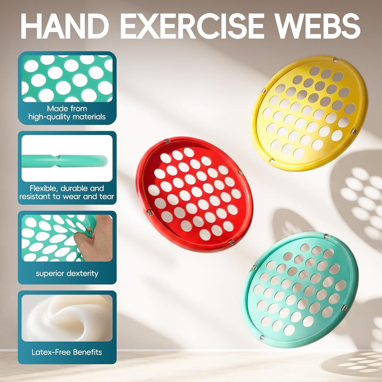 Finger Exerciser, Hand Exercise Webs for Physical Therapy, Hand Grip Strengthener, Grip Strength Trainer, Portable Size, Latex Free, 7" Diameter