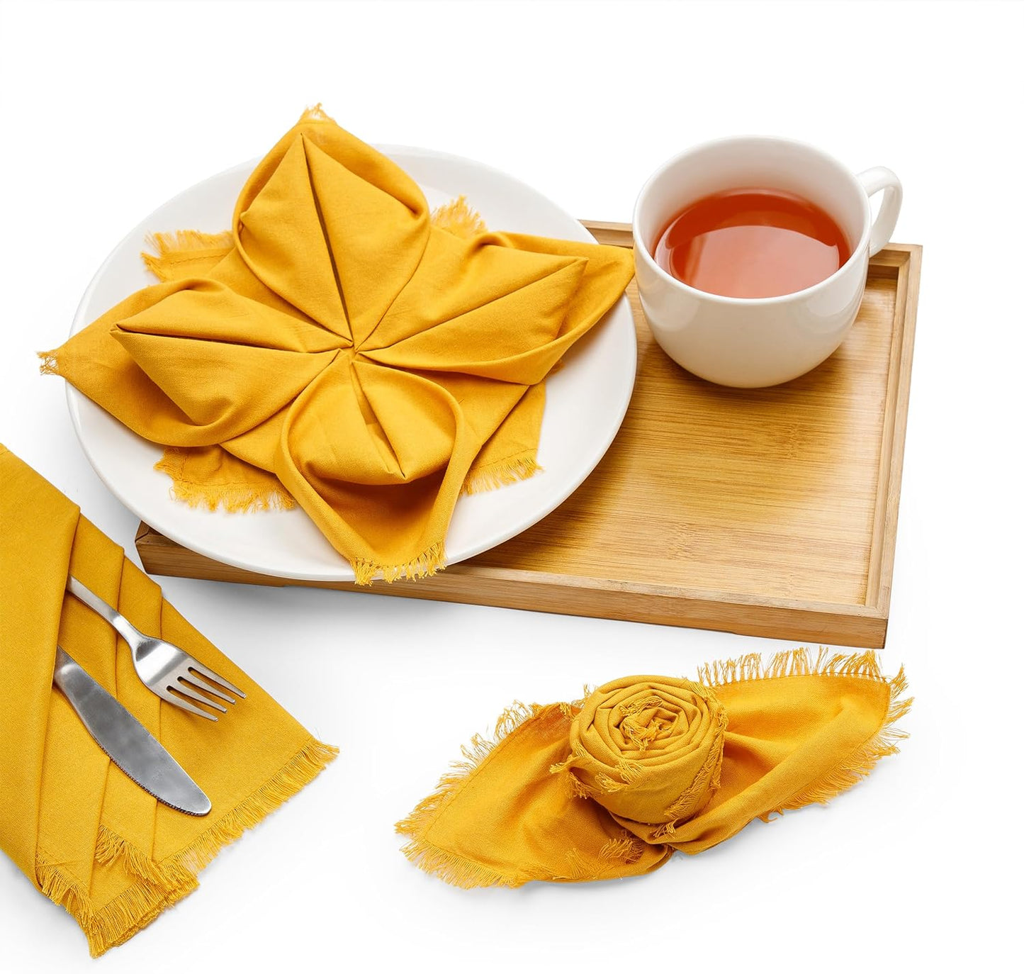 Cotton Napkins Set of 12, Beautiful Handmade Fringe Dinner Cloth Napkins, Washable and Reusable for Dining, Parties, Weddings, Holiday & Everyday Use - 18x18 Inch Mustard