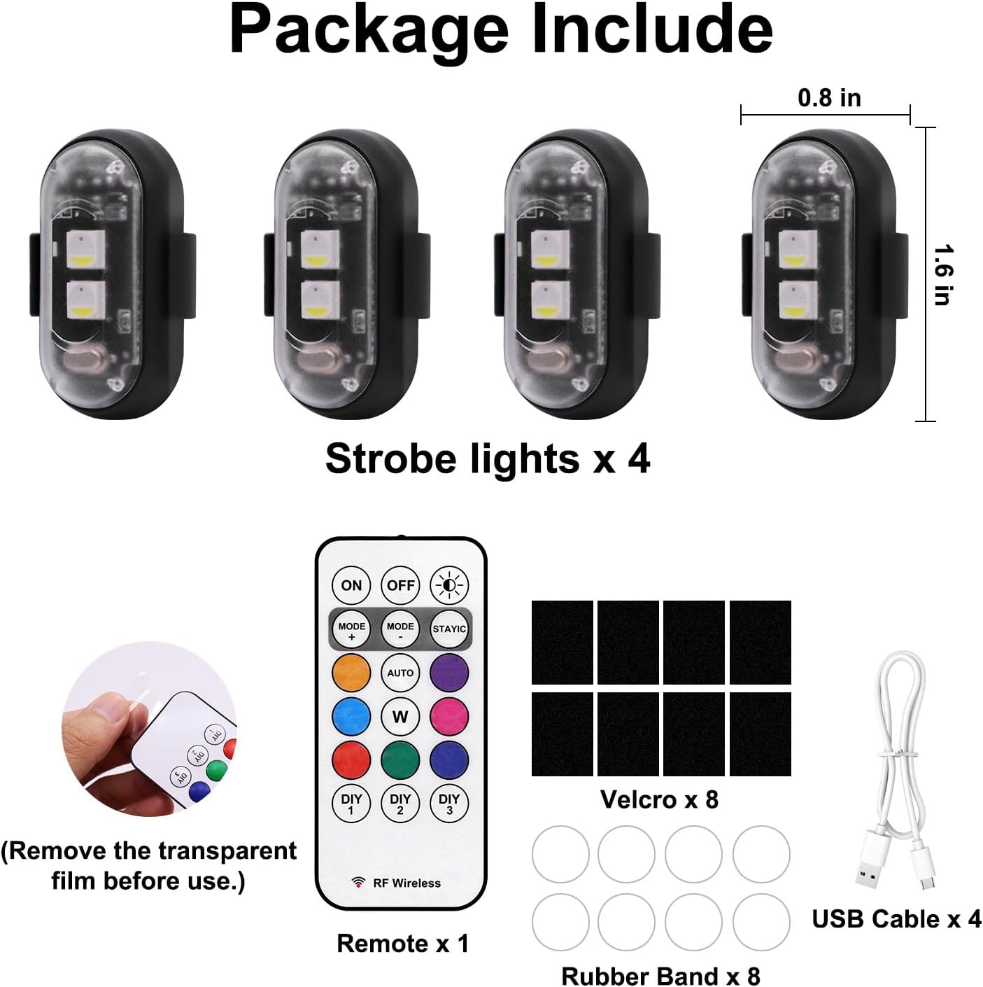 4PCS Wireless LED Strobe Lights with Remote Control, 8 Colors USB Charging Waterproof Anti-Collision Led Emergency Warning Lights for Car Motorcycle Drone Aircraft Bike