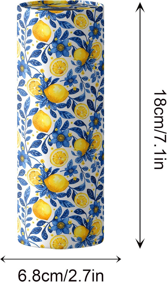 4 Pcs Capri Lemon Round Tissues Box Car Holder Set - Blue & White Mediterranean Lemon Travel Tubes for Car with 50 Sheets Cylinder Face Towel Containers | 2.7" x 7.1" Cup Holder Fit, 4 Unique Designs