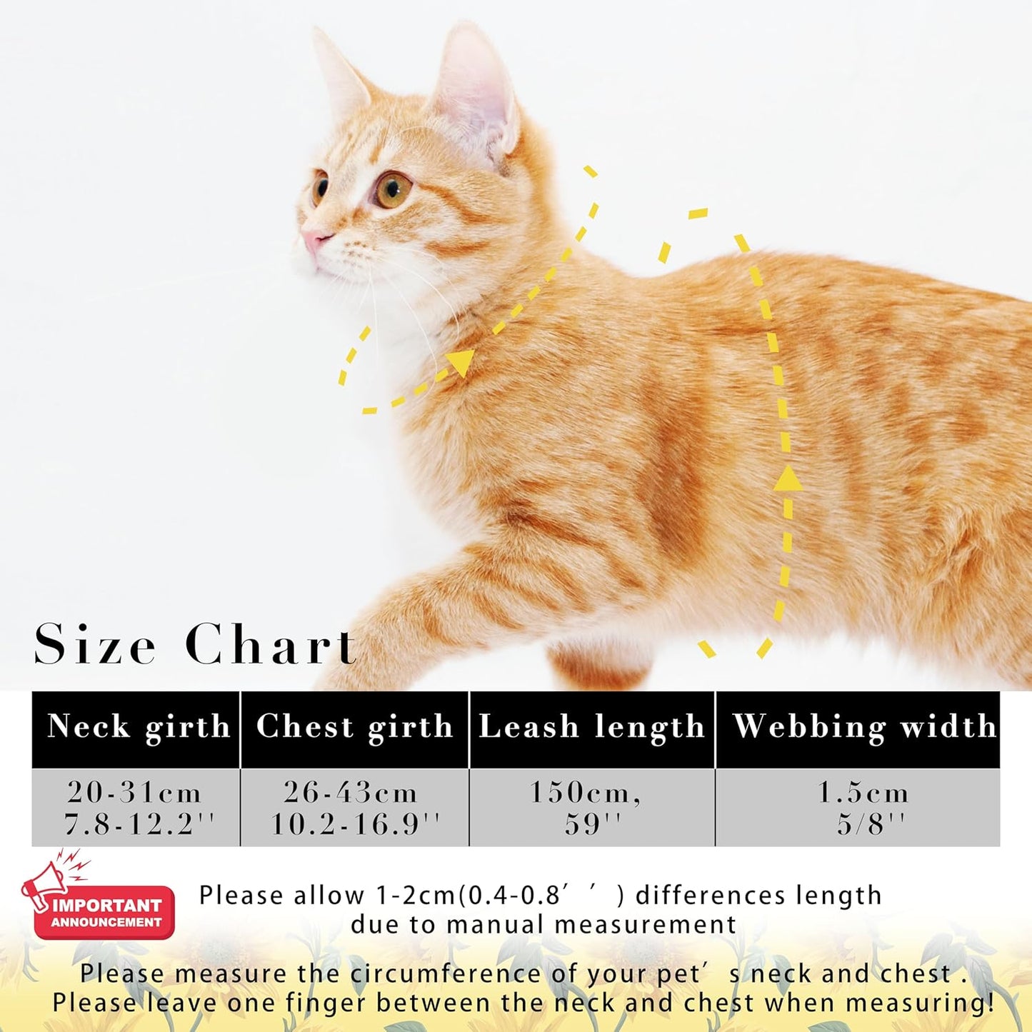 Cat Harness and Leash Set, Adjustable Kitten Harness Escape Proof Cats Harness, Soft Lightweight Walking Travel Pet Harness, Cute Kitty Harness Leash Set for Small Medium Cats, Yellow Sunflower | Escape Proof, Soft Lightweight Walking Travel Pet Harness,