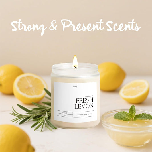 Fresh Lemon Highly Scented Candle for Home, 9oz Natural Soy Aromatherapy Non Toxic Candles with Essential Oil, Home Fragrance Stress Relief & Meditation Jar Candles Gifts for Women & Men, White