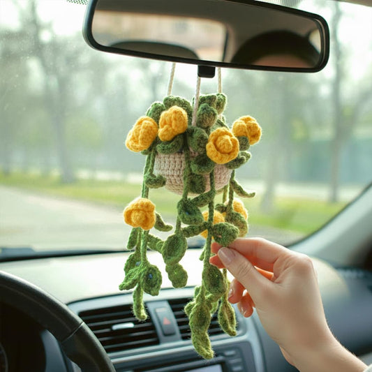 Cute Crochet Hanging Plant for Car Rear View Mirror Yellow Rose Car Charm | Handmade Car Mirror Hanging Accessories, Cute Car Accessories for Women, Crochet Boho Rearview Mirror Charms