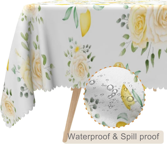 52x70inches Summer Lemon Tablecloth Yellow Lemon Blooming Floral Decorative Table Cover Waterproof Stain Resistant Rectangle Table Cloth for Dining Room Kitchen Picnic Theme Party Supplies