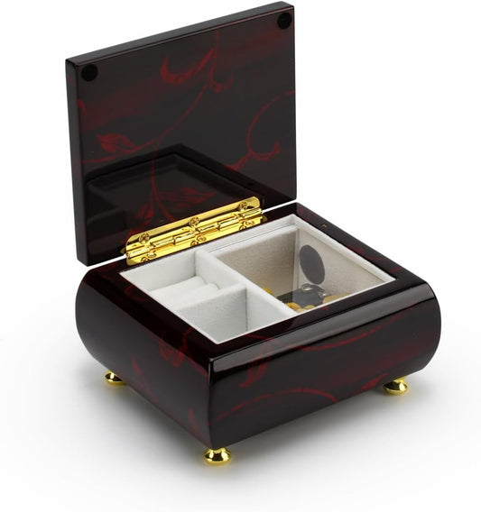 MusicBoxAttic - Burgundy Beveled Top Wooden Music Jewelry Box Musical Jewelry Box with Artistic Floral Motif - 18-Note Mechanical Movement - 5" L x 4.5" W x 2.5" H (Yellow Bird)