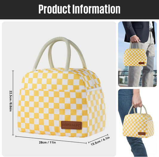 Lunch Bag Women/Men Lunch Box Women/Men (Yellow+White Checkerboard) | Spacious Lightweight Waterproof Sturdy Durable Great Value For Office Work School Picnic Travel