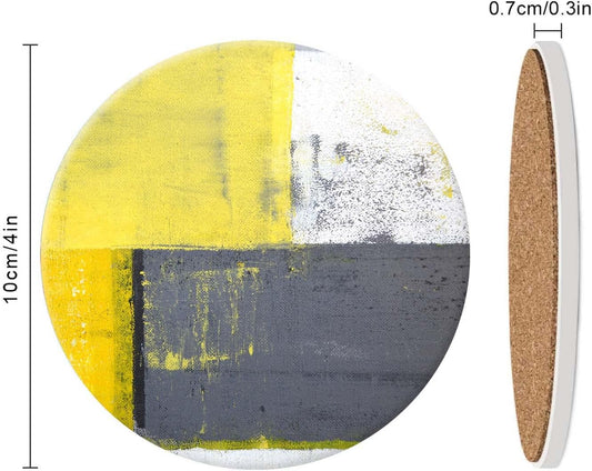 Abstract Yellow Grey Drink Coasters with Holder, Ceramic Absorbent Coaster Sets of 4,Non-Slip Cork Base,Housewarming Gifts