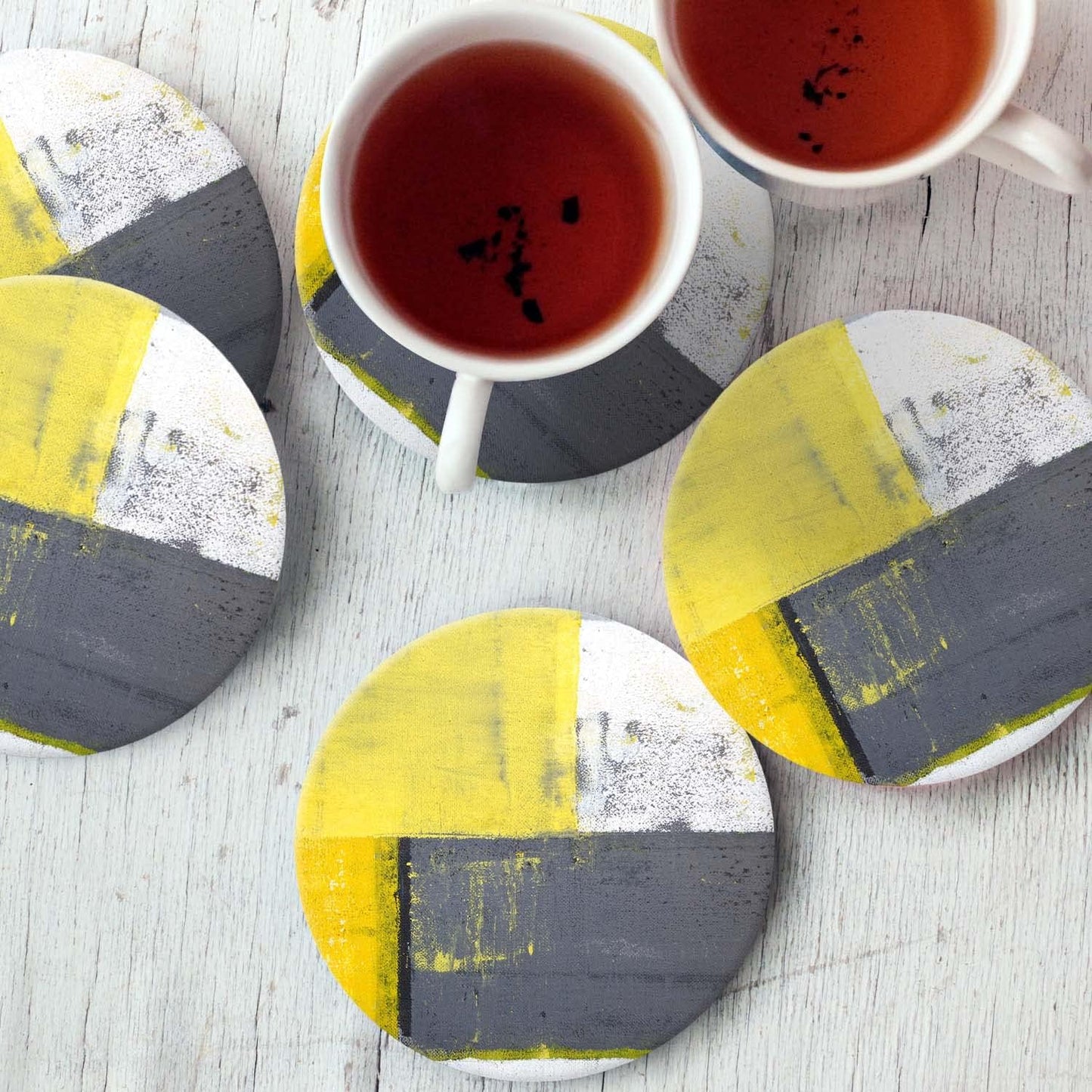 Abstract Yellow Grey Drink Coasters with Holder, Ceramic Absorbent Coaster Sets of 4,Non-Slip Cork Base,Housewarming Gifts