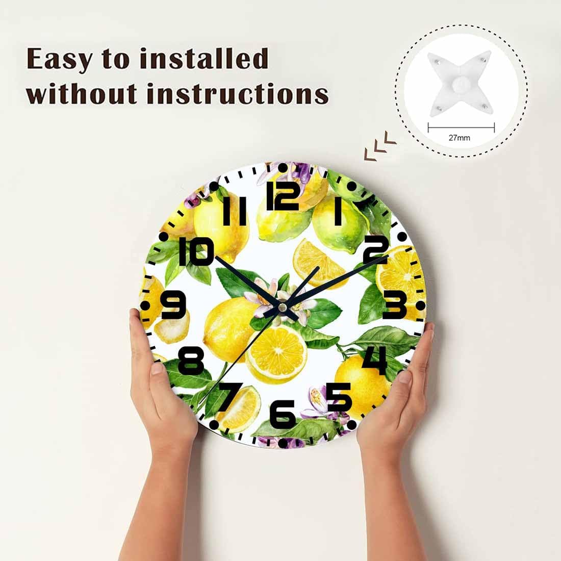 Lemon Wall Clock 10 inch Round Green Leaf Lemon Pattern Silent Non Ticking Wood Wall Clocks Battery Operated Easy to Read Decorative Wall Clock for Bedroom Kitchen Living Room Bathroom