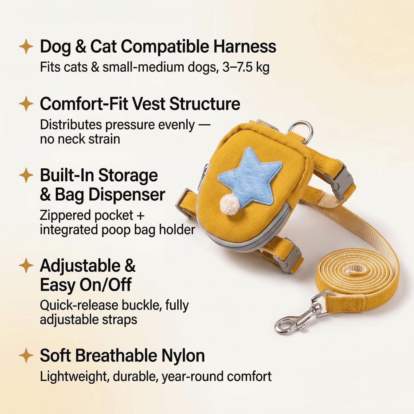 Pet Backpack Harness with Leash for Dogs and Cats, Adjustable Vest with Storage Pocket, Poop Bag Dispenser, Soft Breathable Nylon for Small Medium Pets Walking Hiking Travel (Yellow)