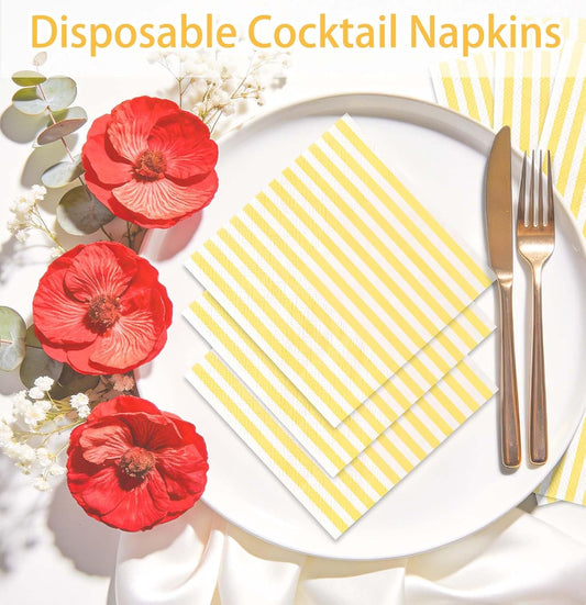 50 Pieces Yellow Striped Napkins Disposable 3-Ply Yellow and White Striped Cocktail Napkins Paper Dinner Napkins for Birthday Baby Shower Wedding Party Beverage Napkin