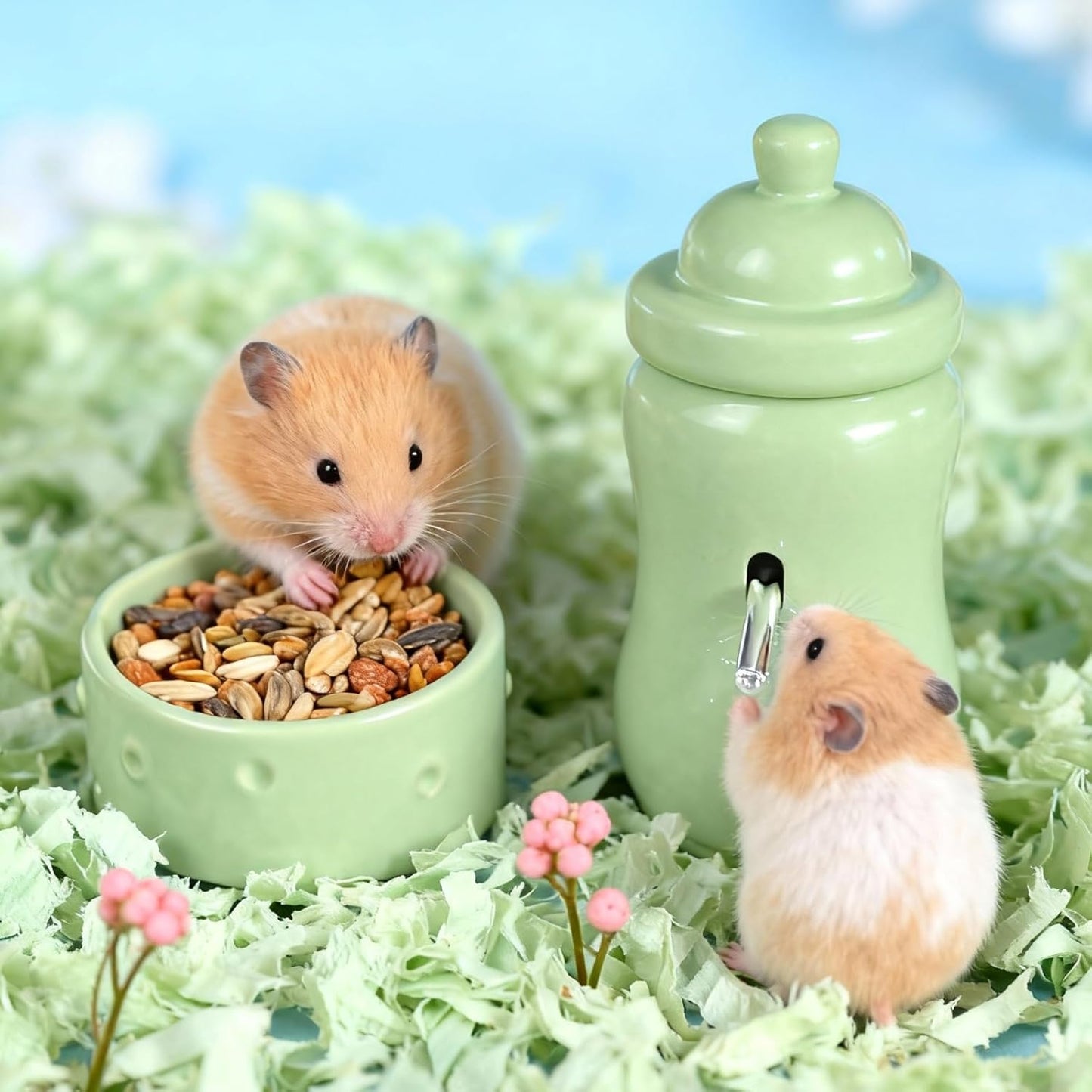Ceramic Hamster Water Bottle with Stand and Food Bowl Set, Anti Flipping Food Dish and Water Dispenser for Dwarf Hamster Gerbils Syrian Hamster Mice Rats Accessories for Cages (Yellow)