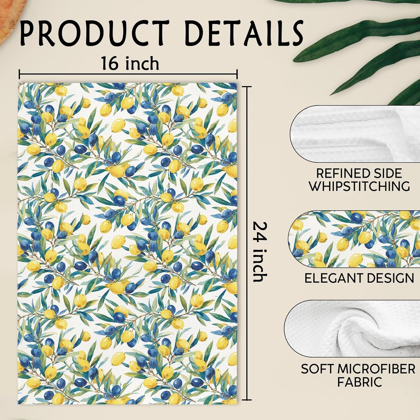 Mediterranean Lemon Kitchen Towels, Mediterranean Sicilian Lemons Hand Towels Set of 2, Lemon Kitchen Decor, Chinoiserie Blueberry Lemons Hand Dish Tea Towel for Bathroom Decor, 16x24 Inch